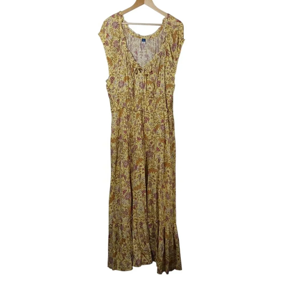 Old Navy Waist-Defined Short-Sleeve Printed Maxi Dress Yellow/Pink Floral XXL - Picture 3 of 10